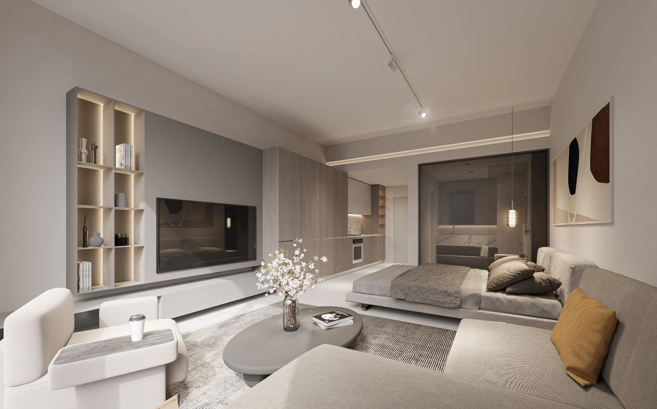 Studio apartment interior visualisation at The Residence by Prestige One, showing the living area and kitchen